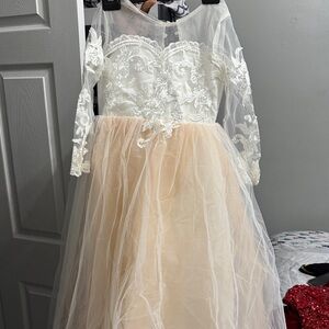 Ivory Lace Bodice Champagne Tulle Gown